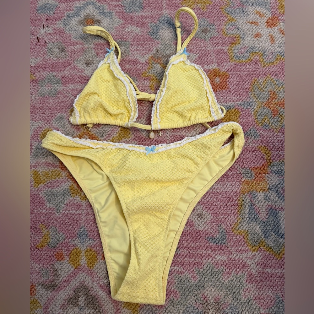Yellow Lace-Trim Bikini Set